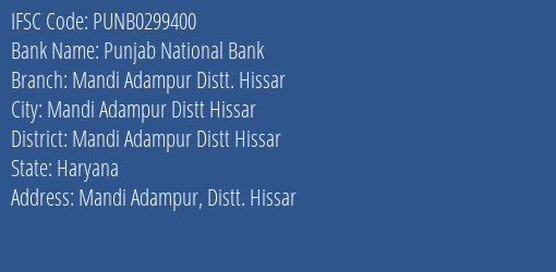 Punjab National Bank Mandi Adampur Distt. Hissar Branch IFSC Code