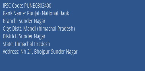Punjab National Bank Sunder Nagar Branch Sunder Nagar IFSC Code PUNB0303400