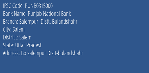 Punjab National Bank Salempur Distt. Bulandshahr Branch Salem IFSC Code PUNB0315000