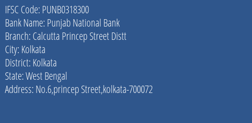Punjab National Bank Calcutta Princep Street Distt Branch, Branch Code 318300 & IFSC Code PUNB0318300