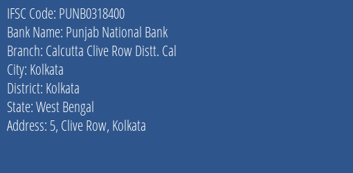 Punjab National Bank Calcutta Clive Row Distt. Cal Branch, Branch Code 318400 & IFSC Code PUNB0318400