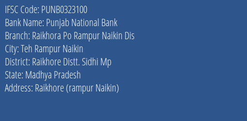 Punjab National Bank Raikhora Po Rampur Naikin Dis Branch Raikhore Distt. Sidhi Mp IFSC Code PUNB0323100