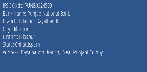 Punjab National Bank Bilaspur Dayalbandh Branch Bilaspur IFSC Code PUNB0324500