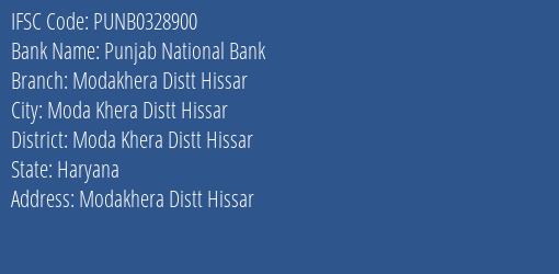Punjab National Bank Modakhera Distt Hissar Branch IFSC Code
