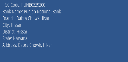 Punjab National Bank Dabra Chowk Hisar Branch IFSC Code