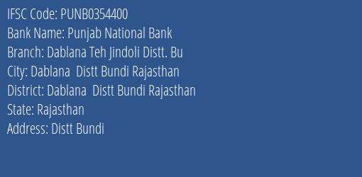 Punjab National Bank Dablana Teh Jindoli Distt. Bu Branch Dablana Distt Bundi Rajasthan IFSC Code PUNB0354400