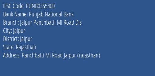 Punjab National Bank Jaipur Panchbatti Mi Road Dis Branch IFSC Code