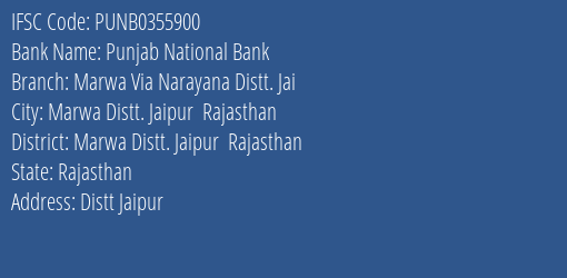 Punjab National Bank Marwa Via Narayana Distt. Jai Branch, Branch Code 355900 & IFSC Code PUNB0355900