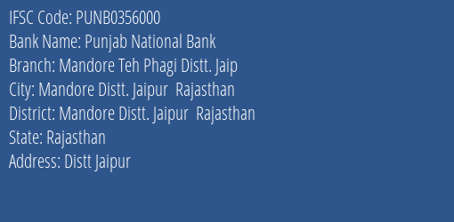 Punjab National Bank Mandore Teh Phagi Distt. Jaip Branch, Branch Code 356000 & IFSC Code PUNB0356000