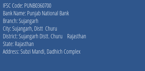 Punjab National Bank Sujangarh Branch Sujangarh Distt. Churu Rajasthan IFSC Code PUNB0360700