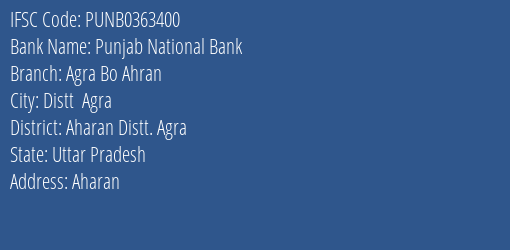 Punjab National Bank Agra Bo Ahran Branch Aharan Distt. Agra IFSC Code PUNB0363400