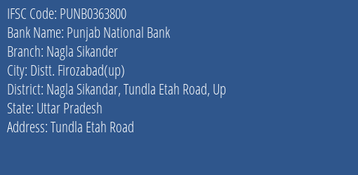 Punjab National Bank Nagla Sikander Branch Nagla Sikandar Tundla Etah Road Up IFSC Code PUNB0363800