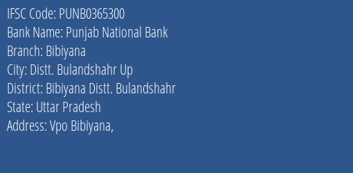 Punjab National Bank Bibiyana Branch Bibiyana Distt. Bulandshahr IFSC Code PUNB0365300