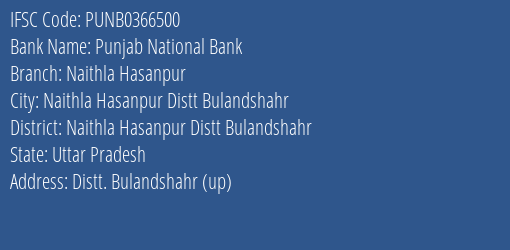 Punjab National Bank Naithla Hasanpur Branch Naithla Hasanpur Distt Bulandshahr IFSC Code PUNB0366500