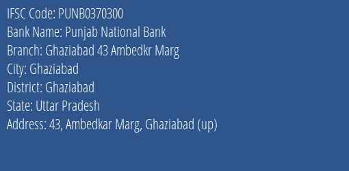 Punjab National Bank Ghaziabad 43 Ambedkr Marg Branch Ghaziabad IFSC Code PUNB0370300