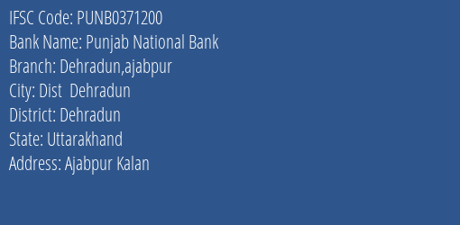 Punjab National Bank Dehradun Ajabpur Branch, Branch Code 371200 & IFSC Code Punb0371200