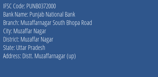 Punjab National Bank Muzaffarnagar South Bhopa Road Branch Muzaffar Nagar IFSC Code PUNB0372000