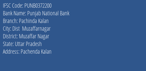 Punjab National Bank Pachinda Kalan Branch Muzaffar Nagar IFSC Code PUNB0372200