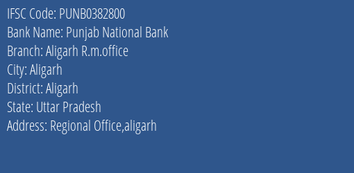 Punjab National Bank Aligarh R.m.office Branch Aligarh IFSC Code PUNB0382800