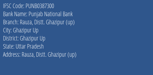 Punjab National Bank Rauza Distt. Ghazipur Up Branch Ghazipur Up IFSC Code PUNB0387300