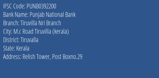 Punjab National Bank Tiruvilla Nri Branch Branch Tiruvalla IFSC Code PUNB0392200