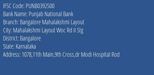 Punjab National Bank Bangalore Mahalakshmi Layout Branch Bangalore IFSC Code PUNB0392500