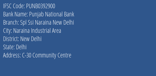 Punjab National Bank Spl Ssi Naraina New Delhi Branch, Branch Code 392900 & IFSC Code PUNB0392900