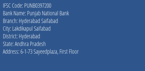 Punjab National Bank Hyderabad Saifabad Branch IFSC Code