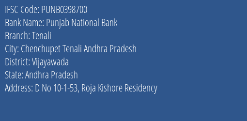 Punjab National Bank Tenali Branch Vijayawada IFSC Code PUNB0398700