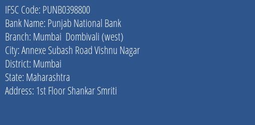 Punjab National Bank Mumbai Dombivali West Branch IFSC Code
