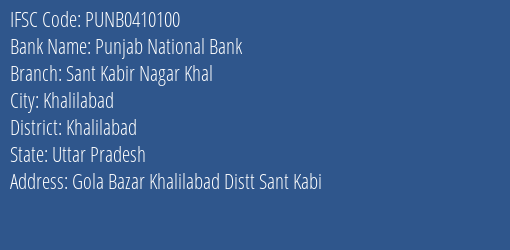 Punjab National Bank Sant Kabir Nagar Khal Branch Khalilabad IFSC Code PUNB0410100
