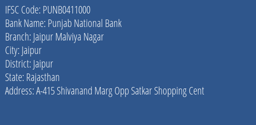 Punjab National Bank Jaipur Malviya Nagar Branch, Branch Code 411000 & IFSC Code PUNB0411000