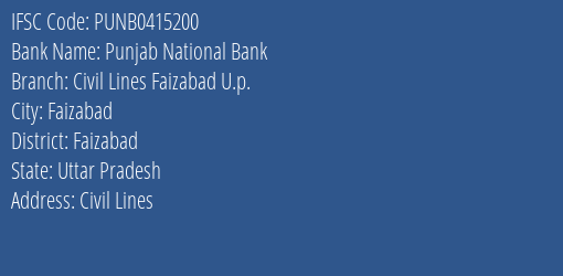 Punjab National Bank Civil Lines Faizabad U.p. Branch, Branch Code 415200 & IFSC Code Punb0415200