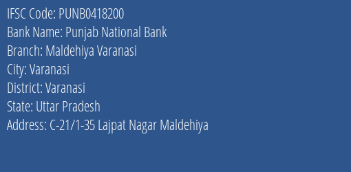 Punjab National Bank Maldehiya Varanasi Branch Varanasi IFSC Code PUNB0418200