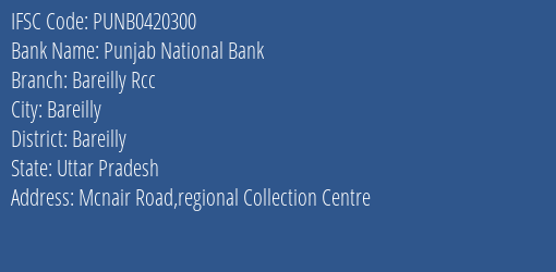 Punjab National Bank Bareilly Rcc Branch Bareilly IFSC Code PUNB0420300