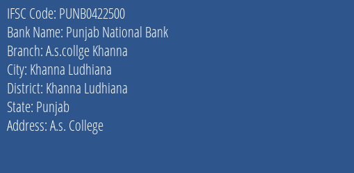Punjab National Bank A.s.collge Khanna Branch, Branch Code 422500 & IFSC Code PUNB0422500