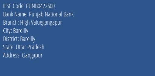 Punjab National Bank High Valuegangapur Branch Bareilly IFSC Code PUNB0422600