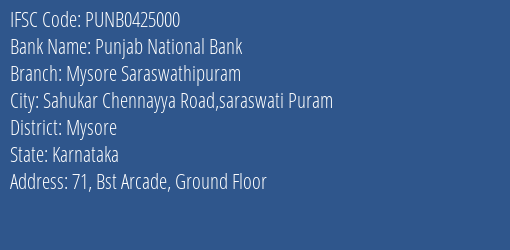 Punjab National Bank Mysore Saraswathipuram Branch, Branch Code 425000 & IFSC Code PUNB0425000