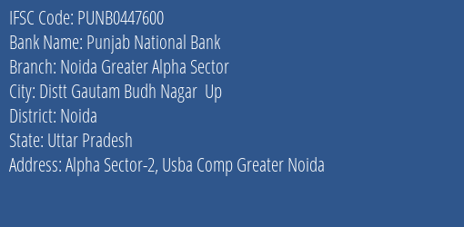 Punjab National Bank Noida Greater Alpha Sector Branch Noida IFSC Code PUNB0447600