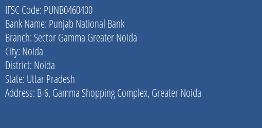 Punjab National Bank Sector Gamma Greater Noida Branch Noida IFSC Code PUNB0460400