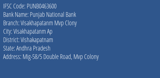 Punjab National Bank Visakhapatanm Mvp Clony Branch IFSC Code