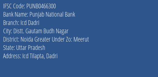 Punjab National Bank Icd Dadri Branch Noida Greater Under Zo: Meerut IFSC Code PUNB0466300