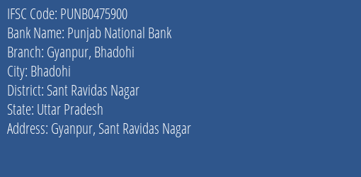 Punjab National Bank Gyanpur Bhadohi Branch Sant Ravidas Nagar IFSC Code PUNB0475900