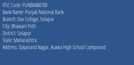 Punjab National Bank Dav Collage Solapur Branch Solapur IFSC Code PUNB0480700