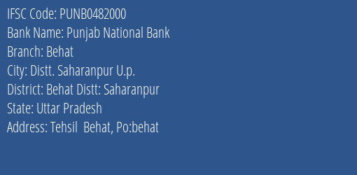 Punjab National Bank Behat Branch Behat Distt: Saharanpur IFSC Code PUNB0482000