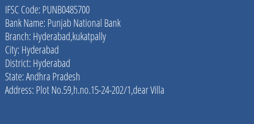 Punjab National Bank Hyderabad Kukatpally Branch, Branch Code 485700 & IFSC Code PUNB0485700