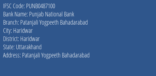 Punjab National Bank Patanjali Yogpeeth Bahadarabad Branch Haridwar IFSC Code PUNB0487100