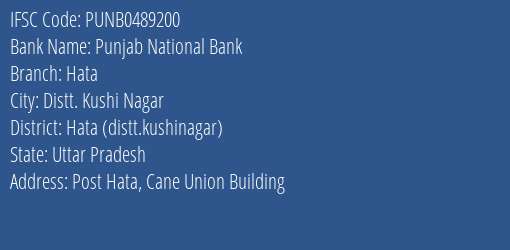 Punjab National Bank Hata Branch Hata Distt.kushinagar IFSC Code PUNB0489200