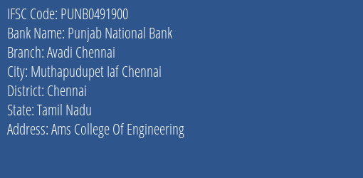 Punjab National Bank Avadi Chennai Branch, Branch Code 491900 & IFSC Code PUNB0491900