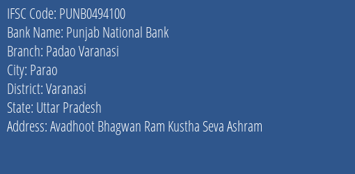 Punjab National Bank Padao Varanasi Branch Varanasi IFSC Code PUNB0494100